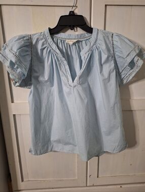GenHappy XS Margot Blouse Top Powder Blue Organic Cotton Ruffle Detail Oversized